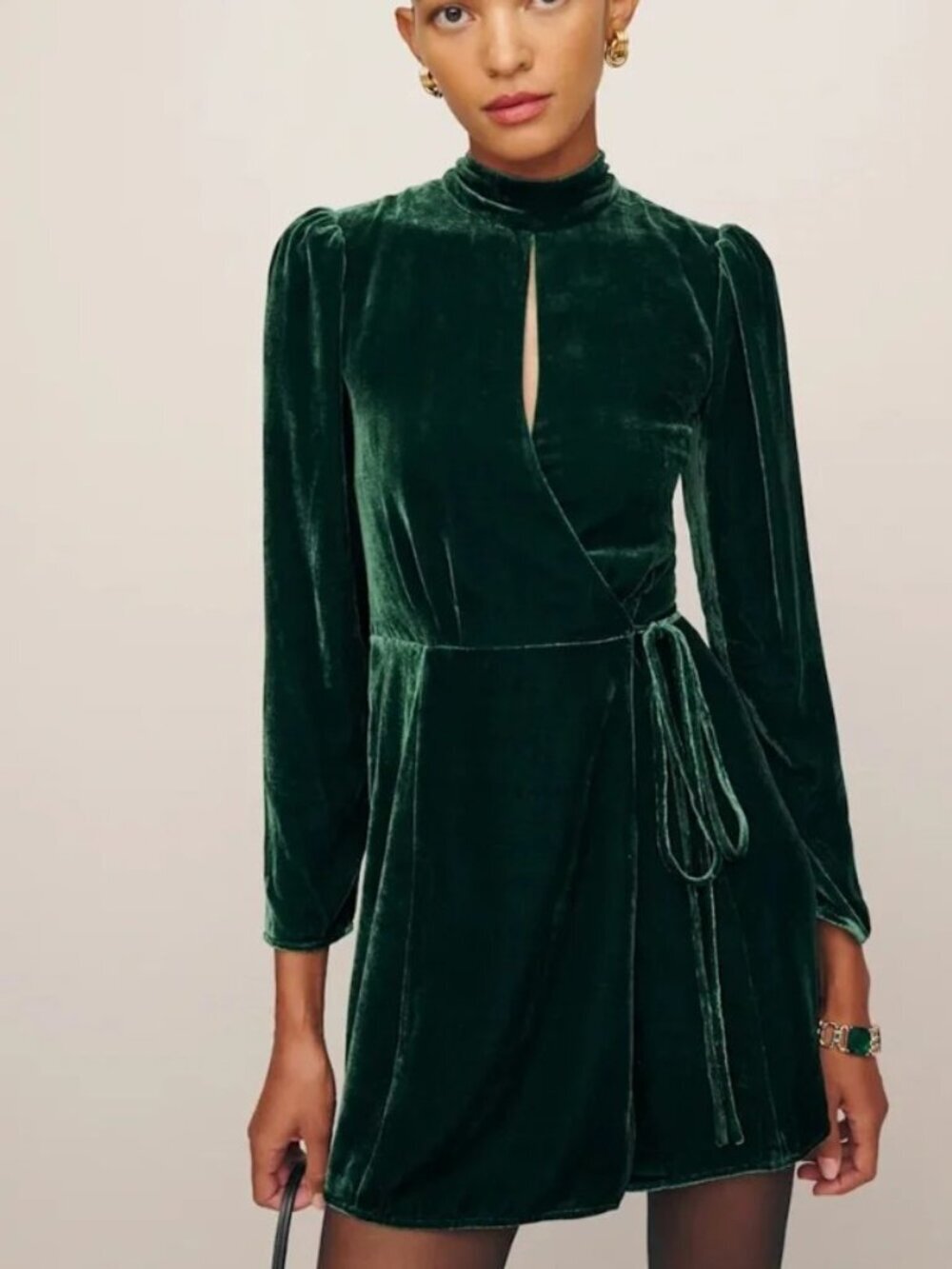 Reformation Ottessa Emerald Green Velvet Long Sleeve Wrap Mini Dress Forest XS